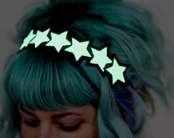 Glow in the dark Stars Headband, White, Green Glow, UV Reactive