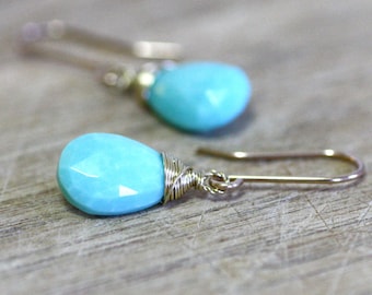 Natural Arizona Sleeping Beauty Turquoise Earrings in Solid 14K Yellow Gold , December Birthstone , Wedding , Bridal , 11th Anniversary