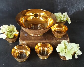 1950s Monaco Gold Ice Cream /Fruit Salad Set Bowl. Gilded Bowl Set