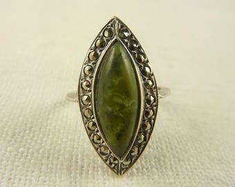 Size 5.5 Antique Deco Irish Sterling Connemara Marble and Marcasite Ring