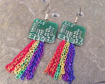 Reclaimed Upcycled Computer Parts, Rainbow Nyan Cat Meme Inspired Recycled Circuit Board Dangle Drop Earrings with Chain Fringe