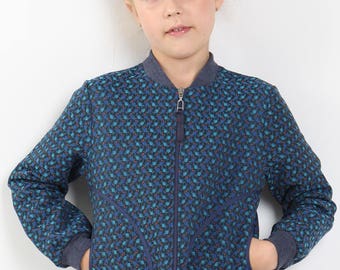 Girl's bomber jacket, Soft and warm jersey jumper with pockets, Long sleeve blue girl cardigan, Bomber jacket in blue, Warm sweater