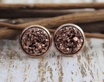 Rose Gold Druzy Earrings - Rose Gold Stud Earrings - Faux Druzy Earrings - Bridesmaid Jewelry - Drusy - 12mm Studs - Bridesmaid Gift - 8mm