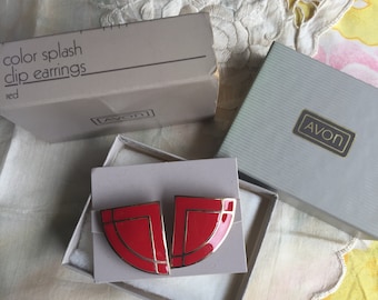 NIB Vintage Avon Color Splash Clip Earrings in Red, 1986