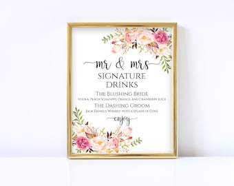 Signature drinks sign Wedding signature printable Signature cocktails bar sign PDF Instant download Mr and Mrs sign