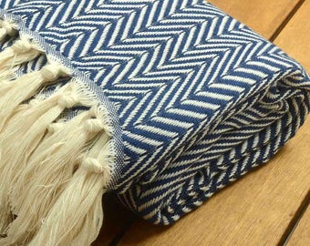 SALE %50 Personalized Navy Herringbone Design Cotton Blanket - Peshtemal Throw - 52"X72" -130cmx180cm-Monogrammed Embroidered