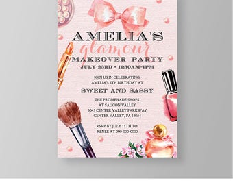 Makeover Party Invitation Template, Printable Girls Birthday Party Invite, Glamour Party, Makeup Party, Instant Download, Editable #019GBD