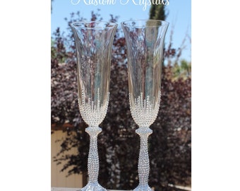 Swarovski Crystal Flared embellished toasting flutes, champagne flutes, wedding flutes.
