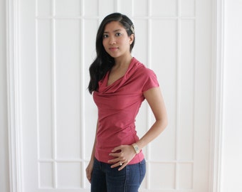 Organic Bamboo Cowl Neck Tshirt, Eco Friendly Womens Cowl Neck Blouse, Earth Red Cowl Neck, Neutral Coral Cowl Neck, Drapey Top, Chic - SARA