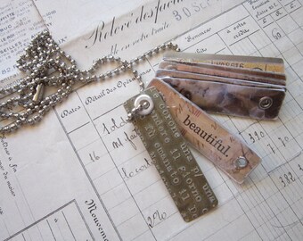 handmade dogtag necklace - etched metal, collage, mica, ball chain