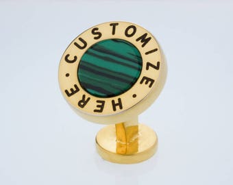 Custom Engraved Cufflinks, Personalized Cufflinks - Classic Gold Finish, Malachite - Anniversary, Birthday, Gift for Men, Dad's Gift.