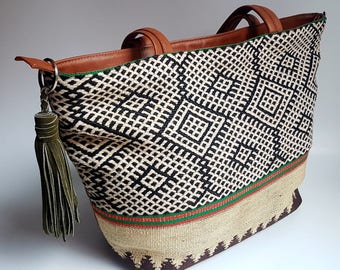 Unique Kilim Leather Tote Bag / Brown Leather Tote Bag / Boho Style Bag / Ethnic Tote Bag / Tapestry Leather Bag
