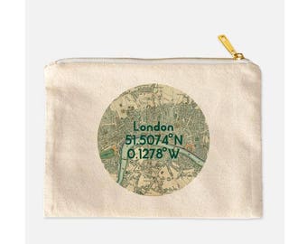 London Cosmetic Bag, London Makeup Bag, London Make Up Bag, Cotton Canvas Cosmetic Bag, Vintage London Map Makeup Bag, London Gift, 9.5 x 7
