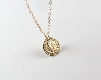 gold coin necklace , silver coin necklace , enchant style coin pendant , gold filled coin necklace , disc necklace , old coin pendant