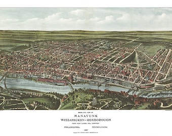 Manayunk, Wissahickon Roxborough from West Laurel Hill Cemetery, Philadelphia, Pennsylvania 1907. Fowler & Kelly. Reproduction Map Print.