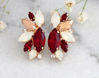 Ruby Earrings, Bridal Ruby Earrings, Ruby Red Swarovski Crystal Earrings, Bridesmaids Ruby Earrings, Red White Opal Earrings, Gift For Her