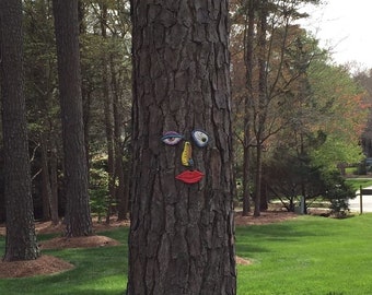 Tree Face Picasso Inspired Original Unique Garden Yard Art - Handmade Pottery