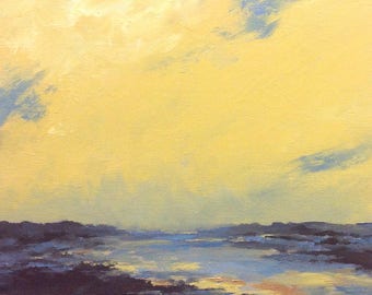 SAFFRON SOFT, oil painting, landscape, original, 100% charity donation, 9"x12" canvas panel, clouds,