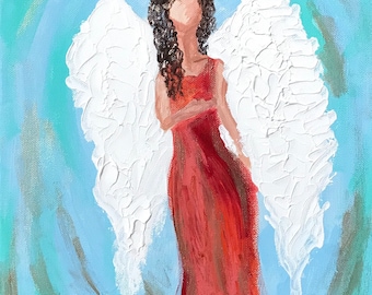 11x14 angel painting, acrylic painting on canvas, original art, custom art, guardian angel, brunette, wall decor