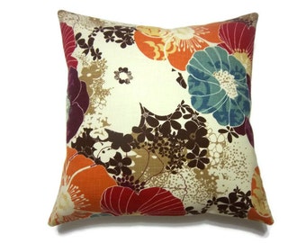Decorative Pillow Cover Tangerine Orange Aqua Purple Red Brown Cream Same Fabric Front/Back Multicolored Accent Toss Throw 18x18 inchx