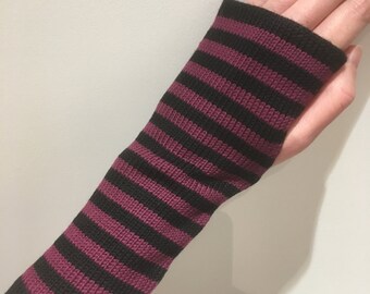 Stripey Merino Wrist Warmers in Black & Plum