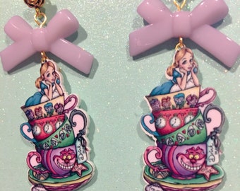 Alice In Wonderland Plastic Drop Earrings With Bows