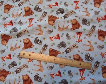 Blue Woodland Animal Bear/Deer/Wolf/Racoon/Fox Cotton Fabric by the Yard