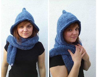 Blue knit wool and alpaca hooded scarf, blue hooded scarf, alpaca hooded scarf, knit alpaca scarf, wool hooded scarf, alpaca knitted hood
