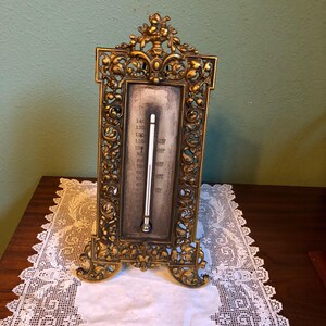 Victorian Bradley and Hubbard THERMOMETER #3548 Brass metalwork mercury Stand grapevine Leaf repousse