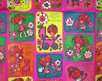Vintage Wrapping Paper Sheet, Vintage Gift Wrap, Happy Birthday, Girl, 1970s, Mid Century, Moppet, Big Eye, Pink, Yellow, Blue, Green