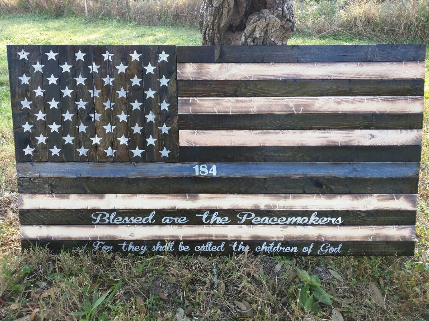 Thin Blue Line American Flag with Blessed are the Peacemakers