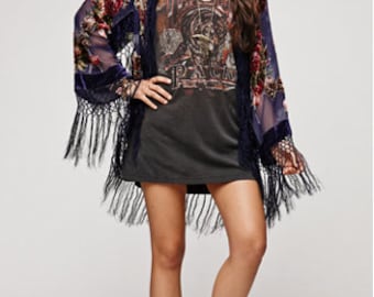 SALE 20% OFF // Navy Floral Velvet Burnout Gypsy Fringe Beaded Kimono Jacket