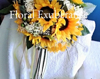 Artificial Sunflower and Daisy Silk Bridal Bouquet with silk sunflowers, gypsohilia, daisies and berries