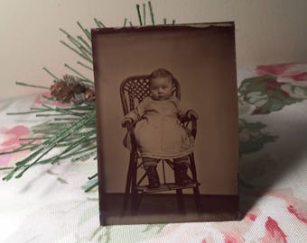 Vintage Tin Type Photo - Toddler in High Chair