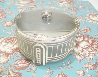 Art Deco Glass Powder Dish with Metal Lid, 1940s or 1930s