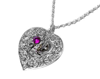 Steampunk Jewelry Necklace Silver Vintage Watch HEART Pendant HOT PINK Crystal Wedding, Anniversary Mothers, Bridal - Jewelry by edmdesigns
