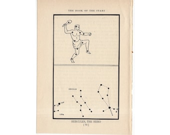 c. 1944 Hercules - CONSTELLATION FIGURE PRINT - original vintage astronomy print - star map - celestial lithograph - the Hero