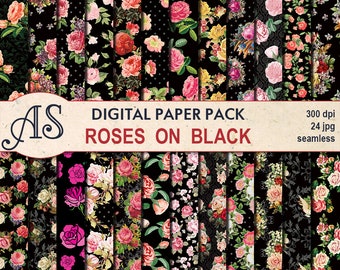 Digital Roses on Black Seamless Paper Pack, 24 printable Scrapbooking papers, Floral Digital Collage, vintage rose, Instant Download, set 50