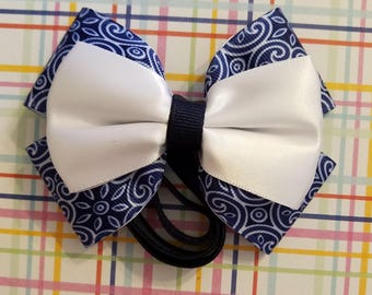 Blue and white print hair bow