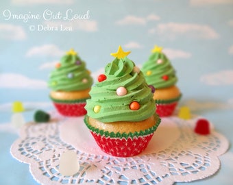 Fake Cupcake Realistic Christmas Holiday Green Tree Frosting Faux Ornament Candy Stripe