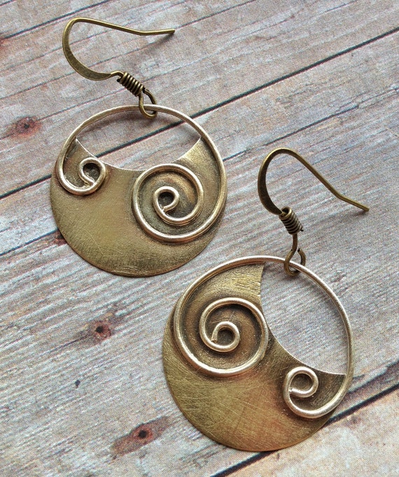 Items similar to Brass Earrings / Oxidized Brass and Silver Earrings ...