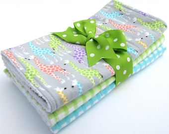Baby Burp Cloth Set - Set of 3 - Gray, Green, Aqua, Coral Giraffe Print, Green Check, Aqua Check - Cotton Flannel - White Terrycloth