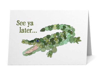 Sea Glass Alligator "See ya later..." Card - Seaglass Art Mosaic Crocodile Print, Blank Inside