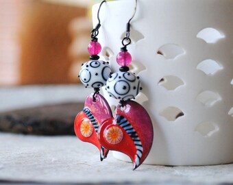 Colorful Heart Earrings, Artisan Enamel Earrings, Red Heart Earrings, Lampwork Bead Earrings, Funky Valentine Earrings, Broken Heart Jewelry