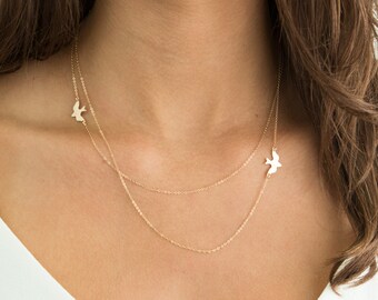 Layered Necklace with Birds / 14k Gold Fill, Sterling Silver or Rose Gold / FLIGHT PATH Necklace, by Layered and Long LN802