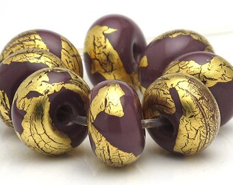Handmade Lampwork Spacer Beads Purple and Gold Leaf SRA