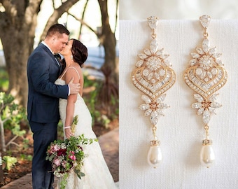 Gold Wedding Earrings, Chandelier Bridal Earrings, Long Dangle Earrings, Crystal Earrings, Swarovski Pearl Earrings, Bridal Jewelry, EZMAE