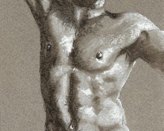 Nude drawing, shirtless man in pastel, signed original