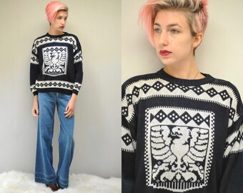 OVERSIZED SWEATER 80s Sweater Grandpa Sweater Boyfriend Sweater Loose Sweater Hipster Sweater Slouchy Sweater Black and White Sweater