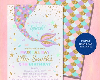 Mermaid Invitation, Mermaid Birthday Invitation, Mermaid Party Invitation, Under The Sea Mermaid Invitation, Blue & Purple Mermaid, Digital